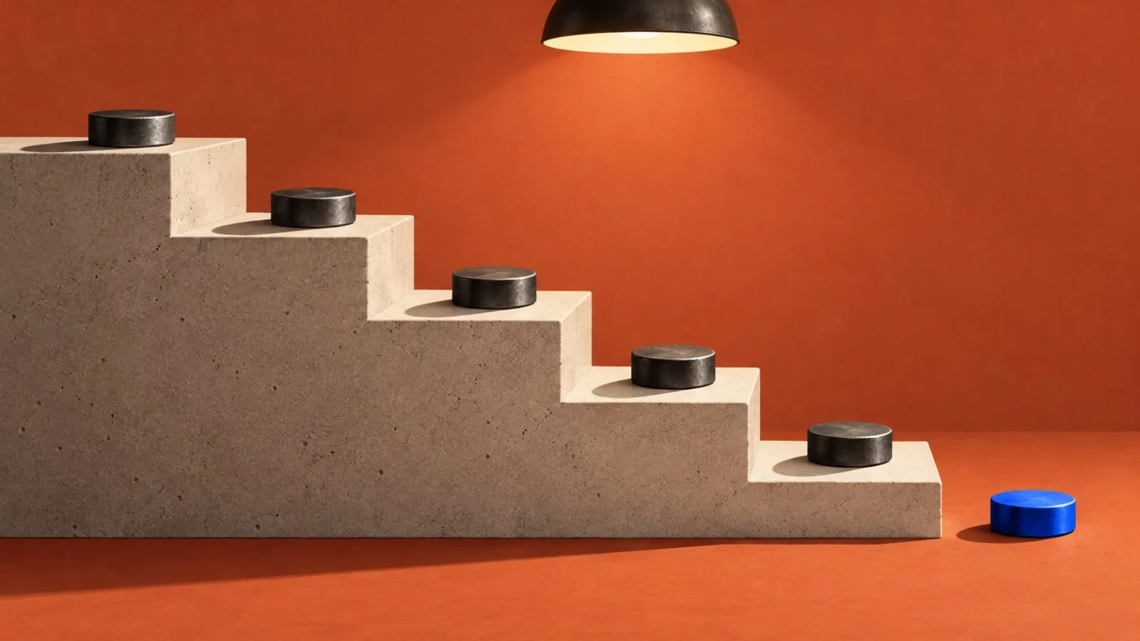 Unmarked metal tokens sit at different levels on concrete steps / TokenPost.ai