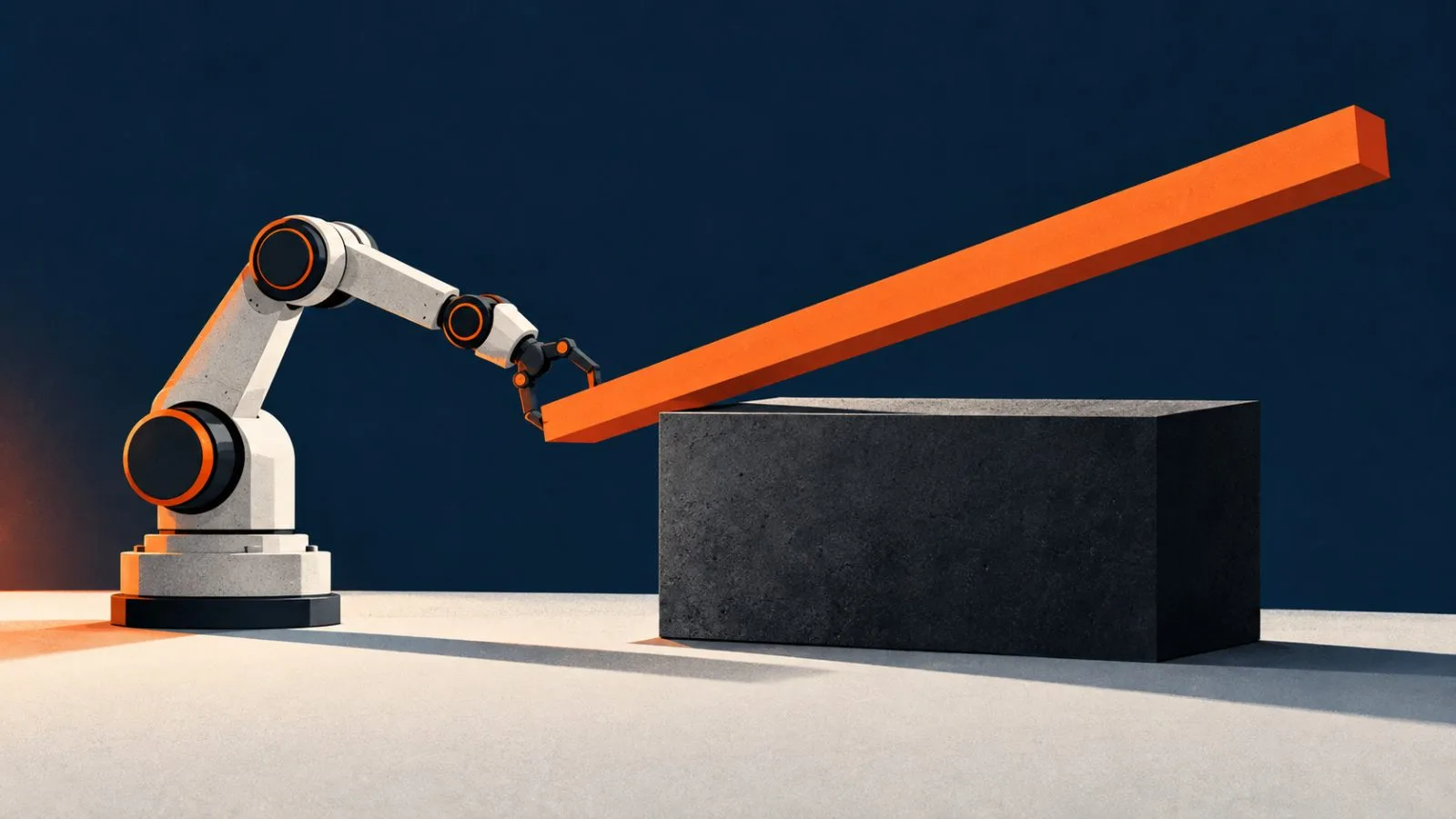 A robotic gripper balances a rising bar above a dark metal block / TokenPost.ai