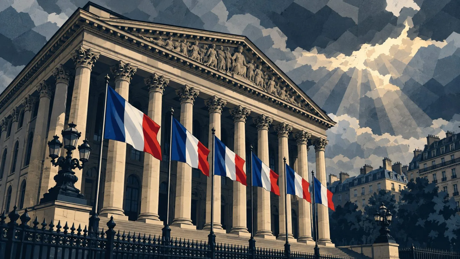 French flags stand outside the Palais Brongniart beneath gray morning clouds / TokenPost.ai