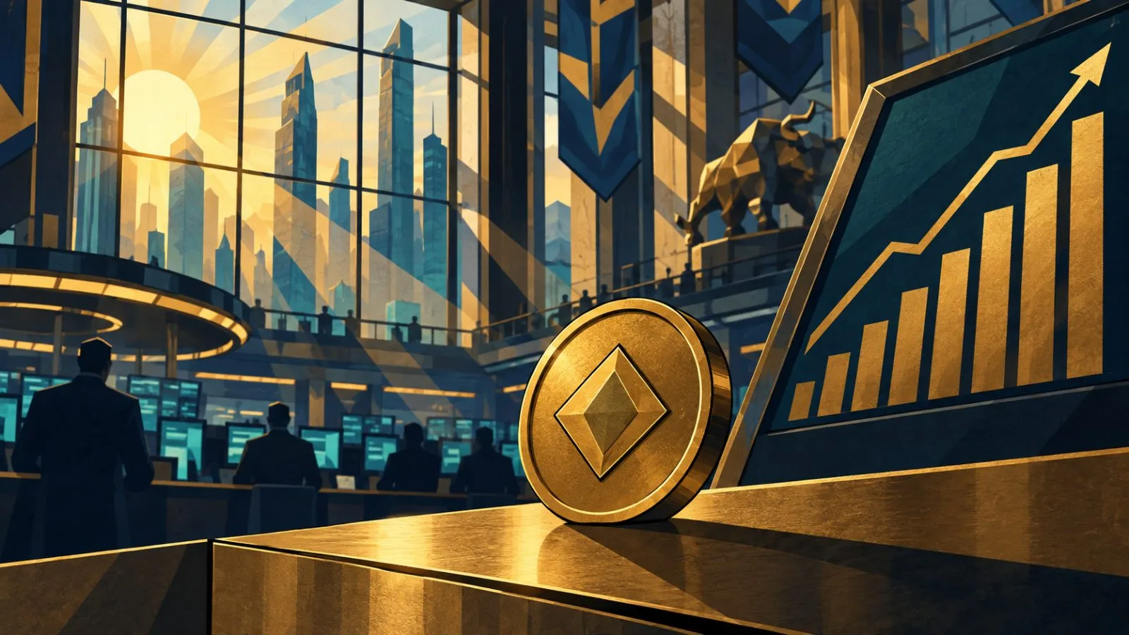 A metal token rests beside a sharply angled market chart / TokenPost.ai