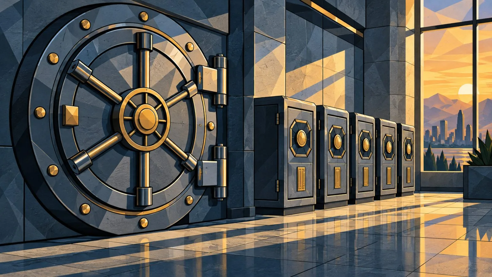 A steel vault door stands beside a row of lending vault modules / TokenPost.ai