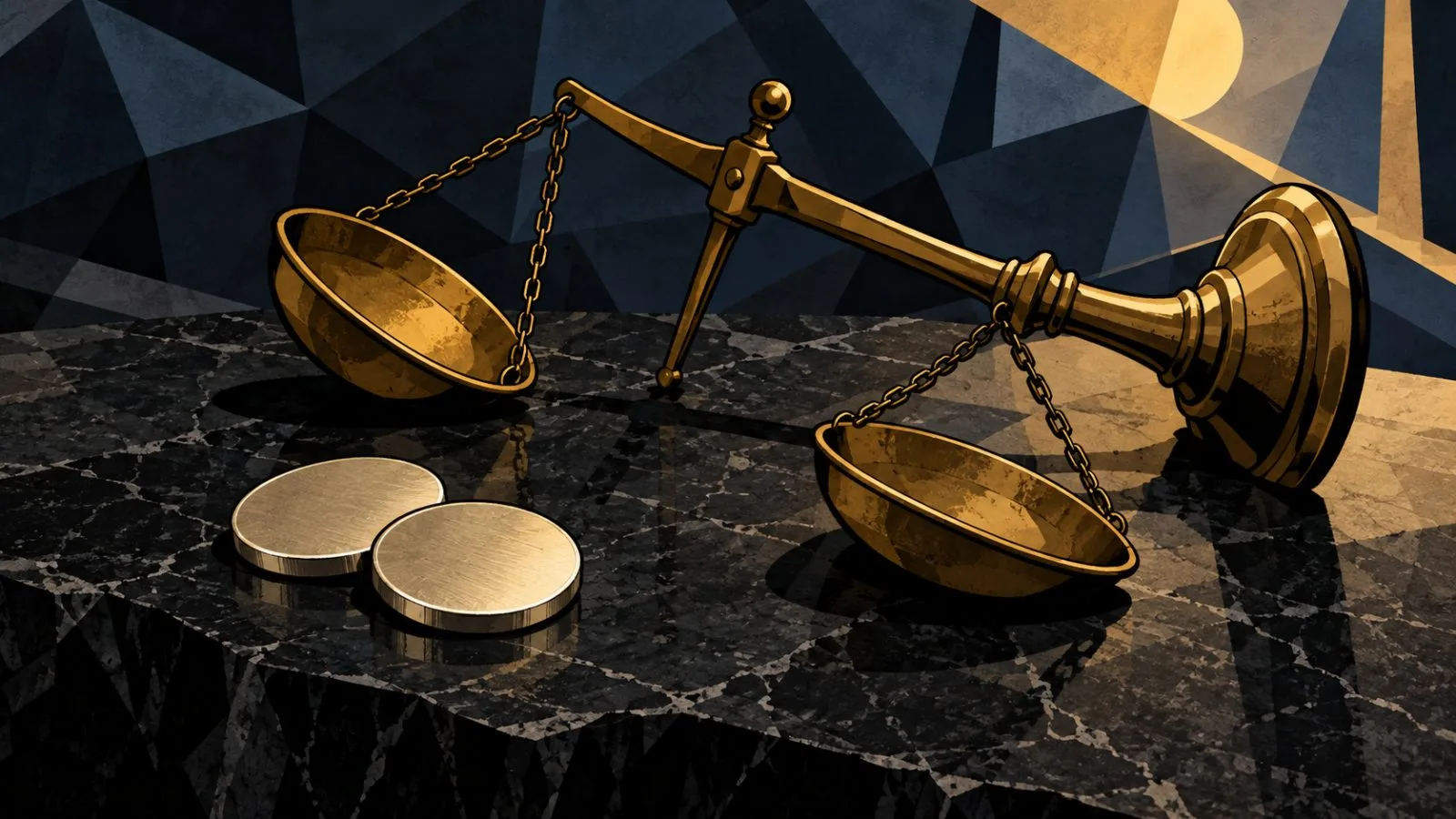 Metal tokens rest beside a tipped brass balance scale / TokenPost.ai