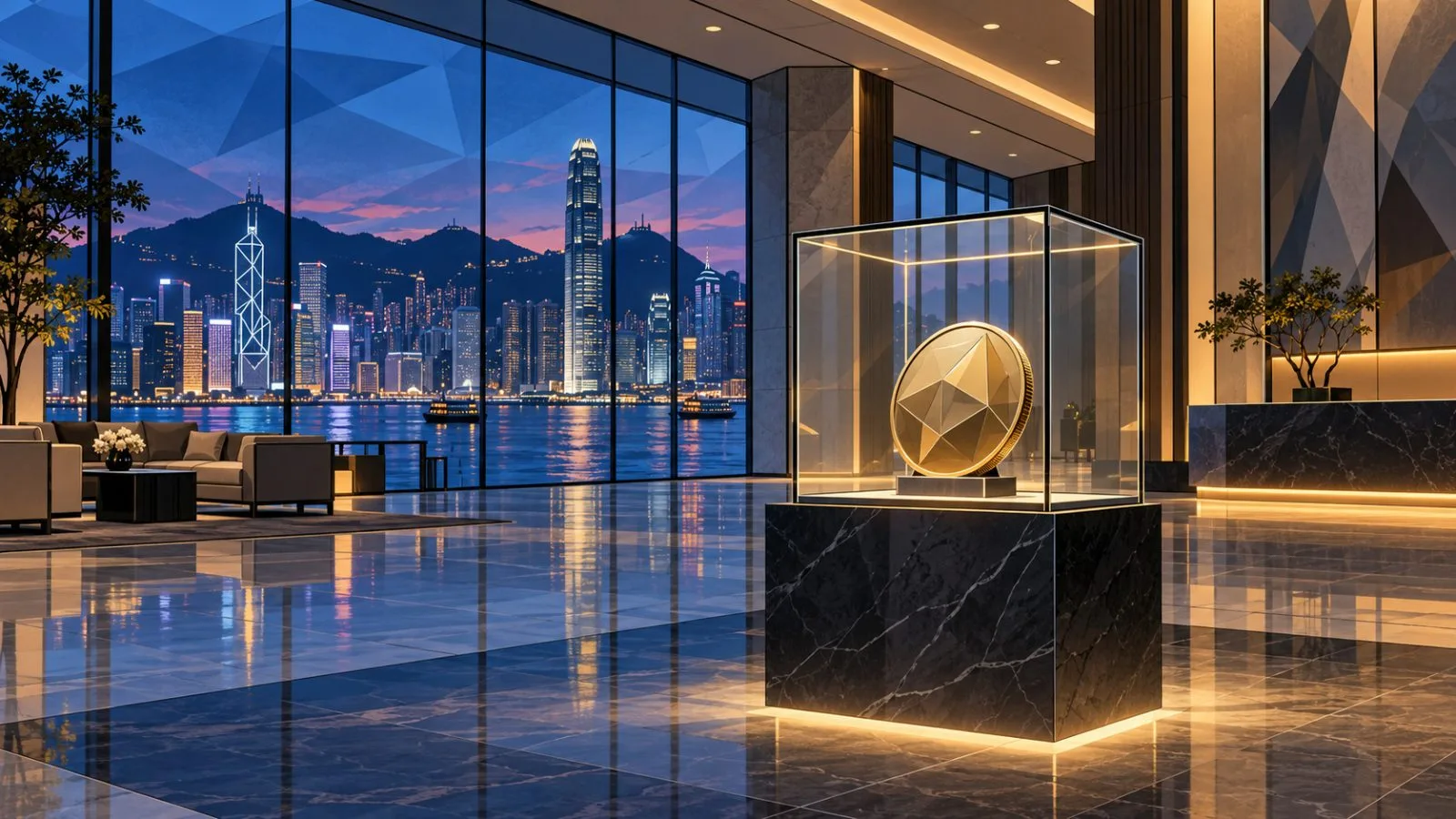 A metallic medallion displayed inside a quiet financial-services lobby / TokenPost.ai