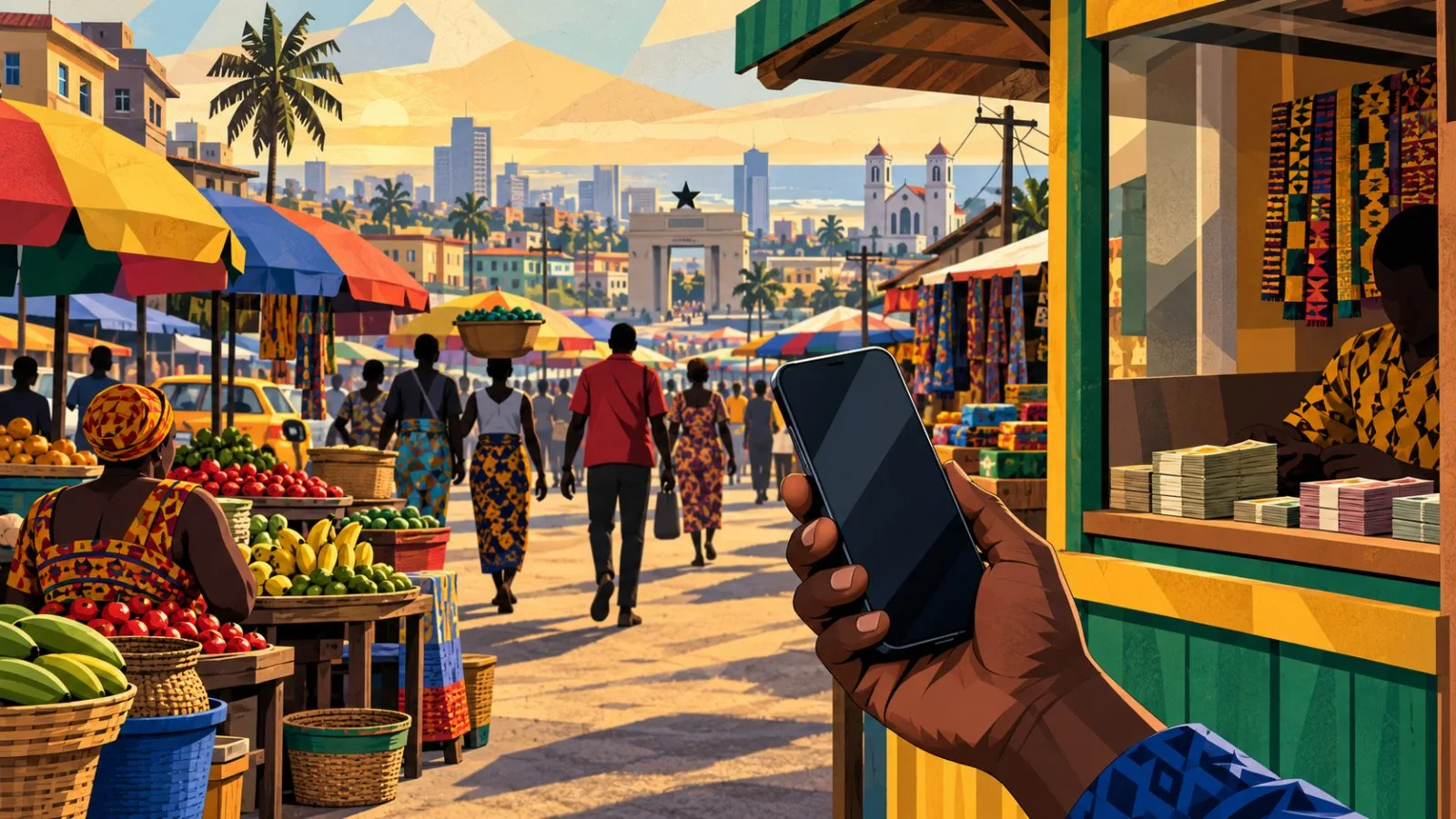 Hand holding a smartphone beside a busy Ghanaian market stall / TokenPost.ai