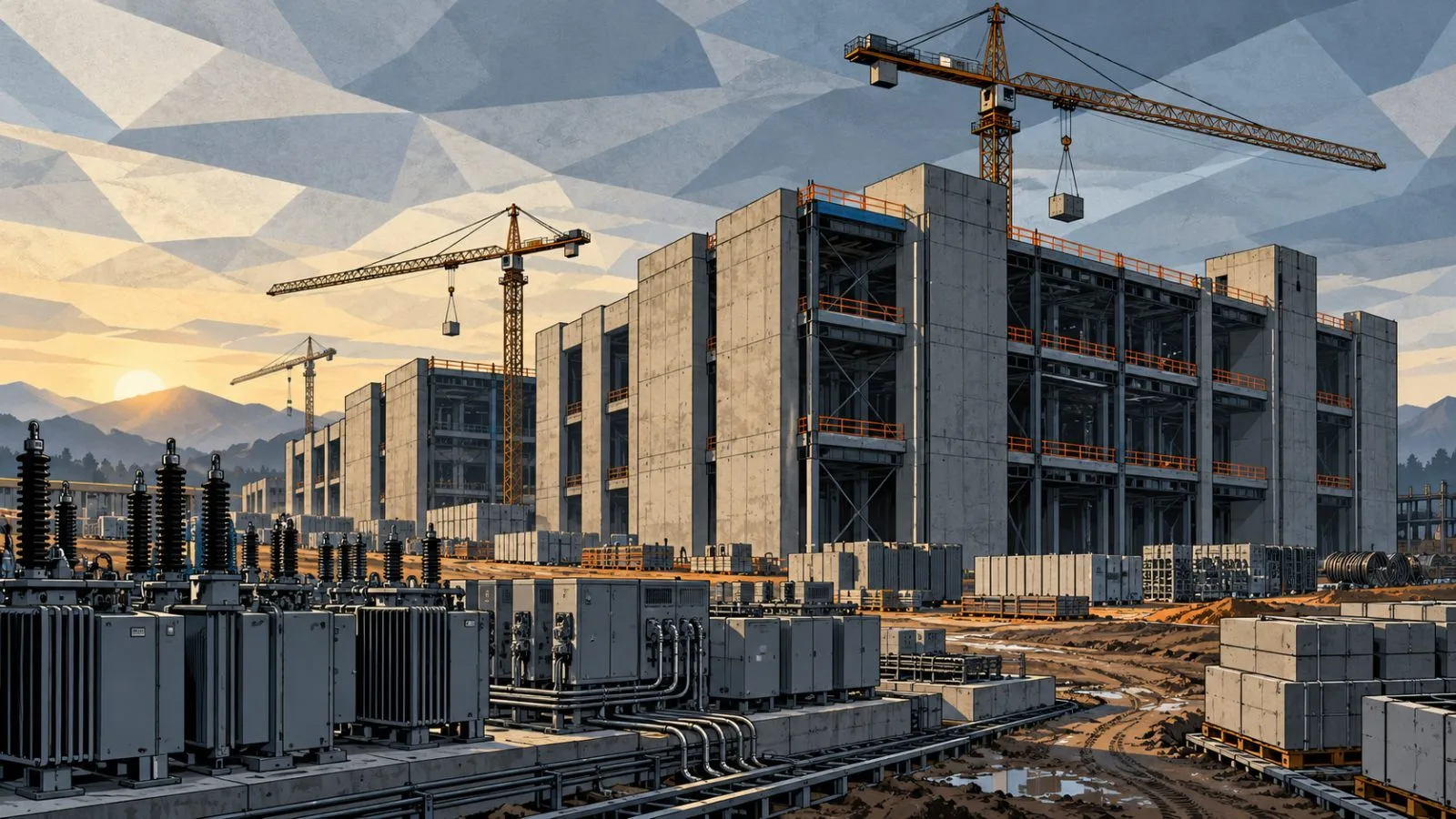 Data center construction equipment stands beside unfinished concrete structures / TokenPost.ai