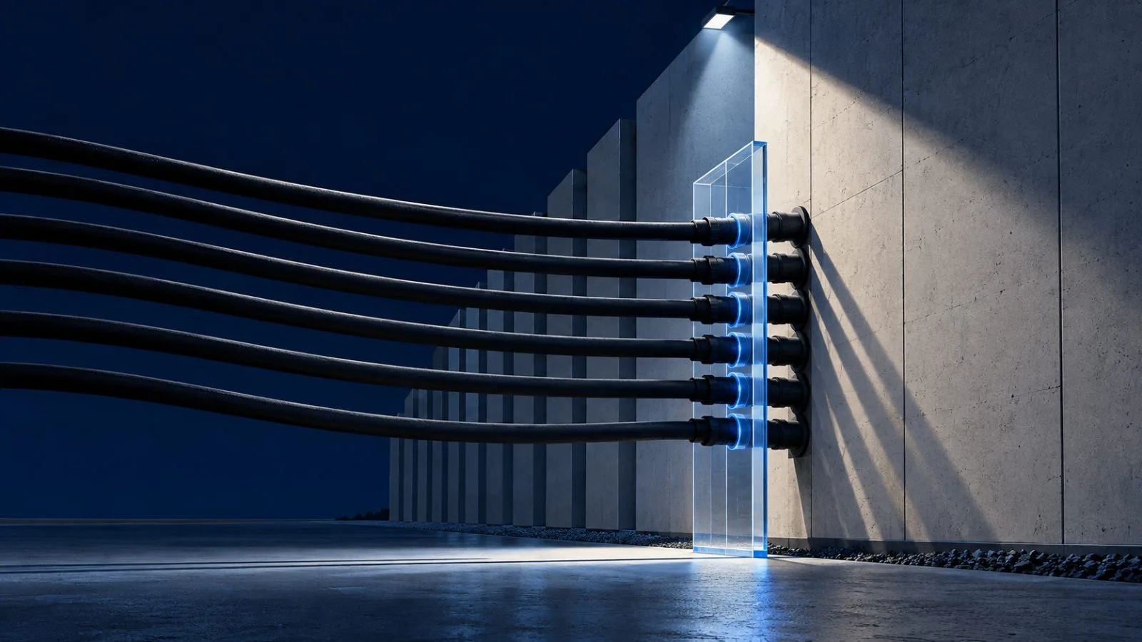 Seven black cables pass through a clear barrier into concrete. / TokenPost.ai