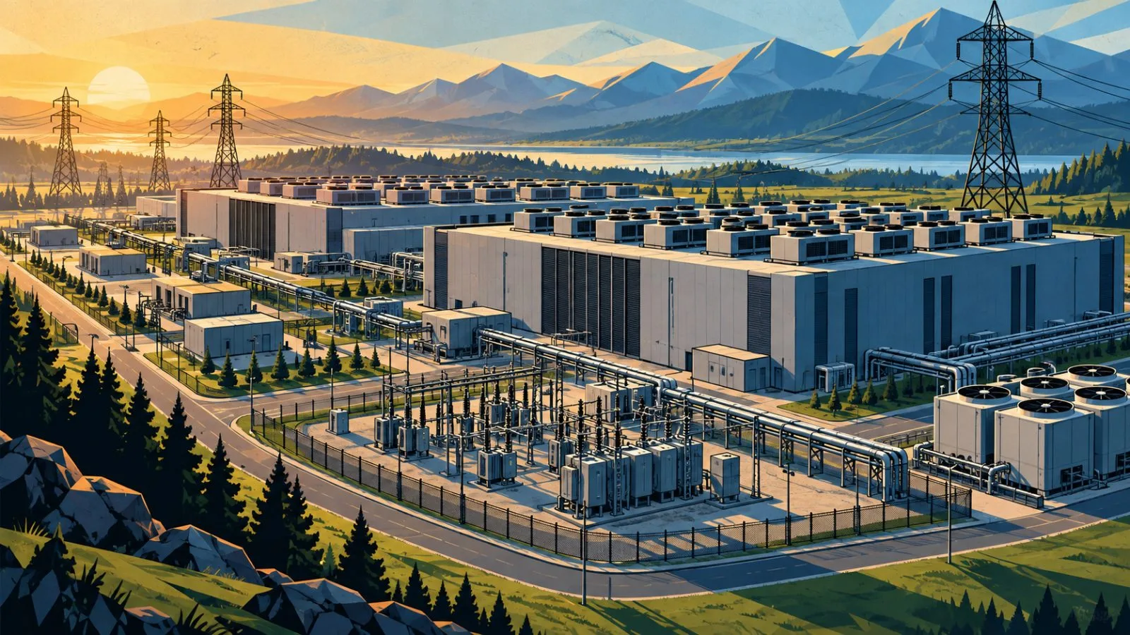 Data-center campus beside high-voltage transmission infrastructure / TokenPost.ai