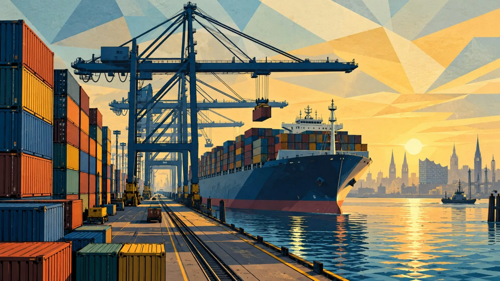 Cargo containers line a German harbor beside a departing freighter / TokenPost.ai