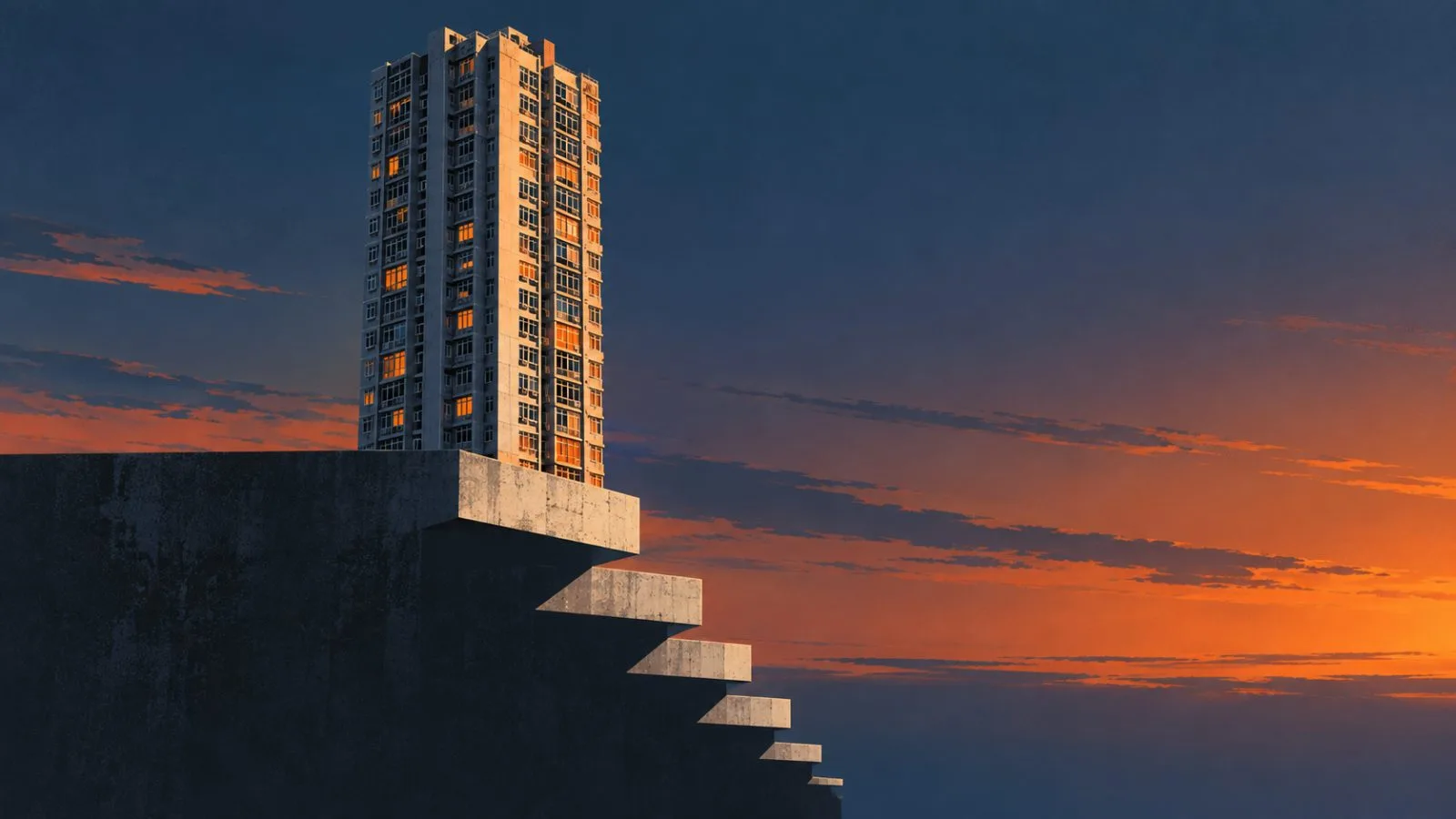 A residential tower model above a descending row of concrete ledges / TokenPost.ai