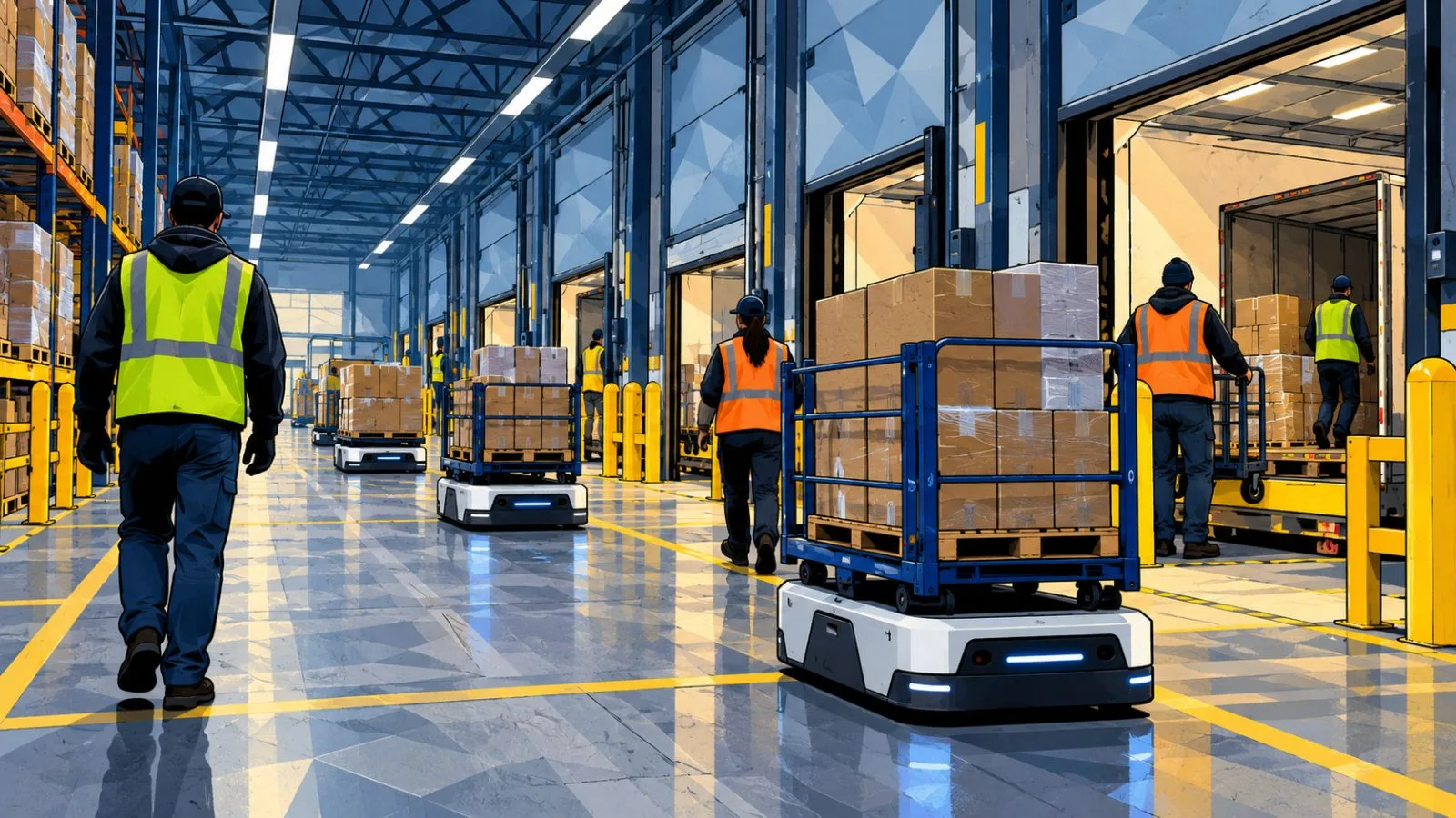 Autonomous robots move carts through a brightly lit warehouse / TokenPost.ai