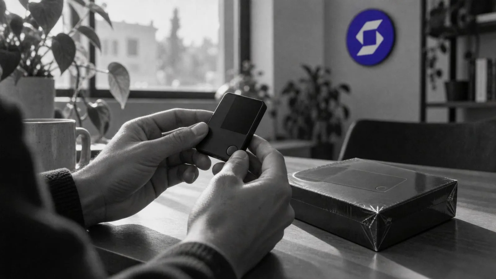 Hands inspect a hardware wallet beside sealed packaging / TokenPost.ai