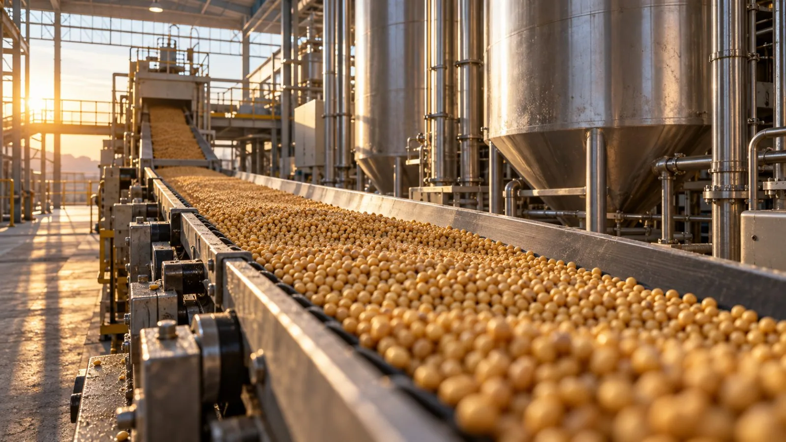 Soybeans move along a conveyor beside stainless steel processing tanks / TokenPost.ai