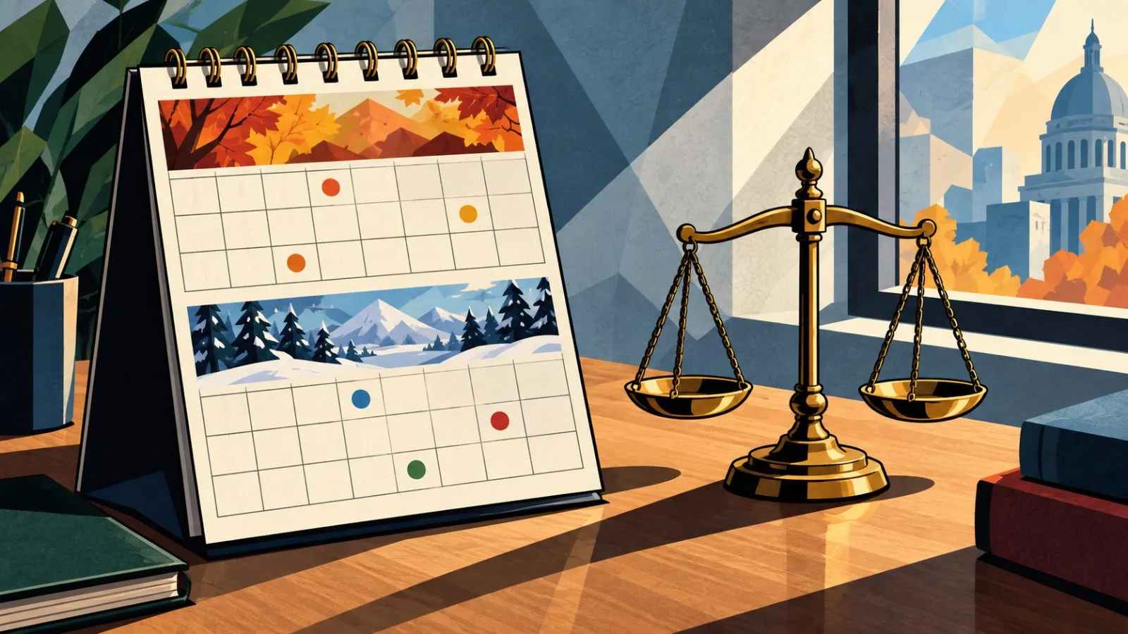A brass balance scale rests beside a marked paper calendar / TokenPost.ai