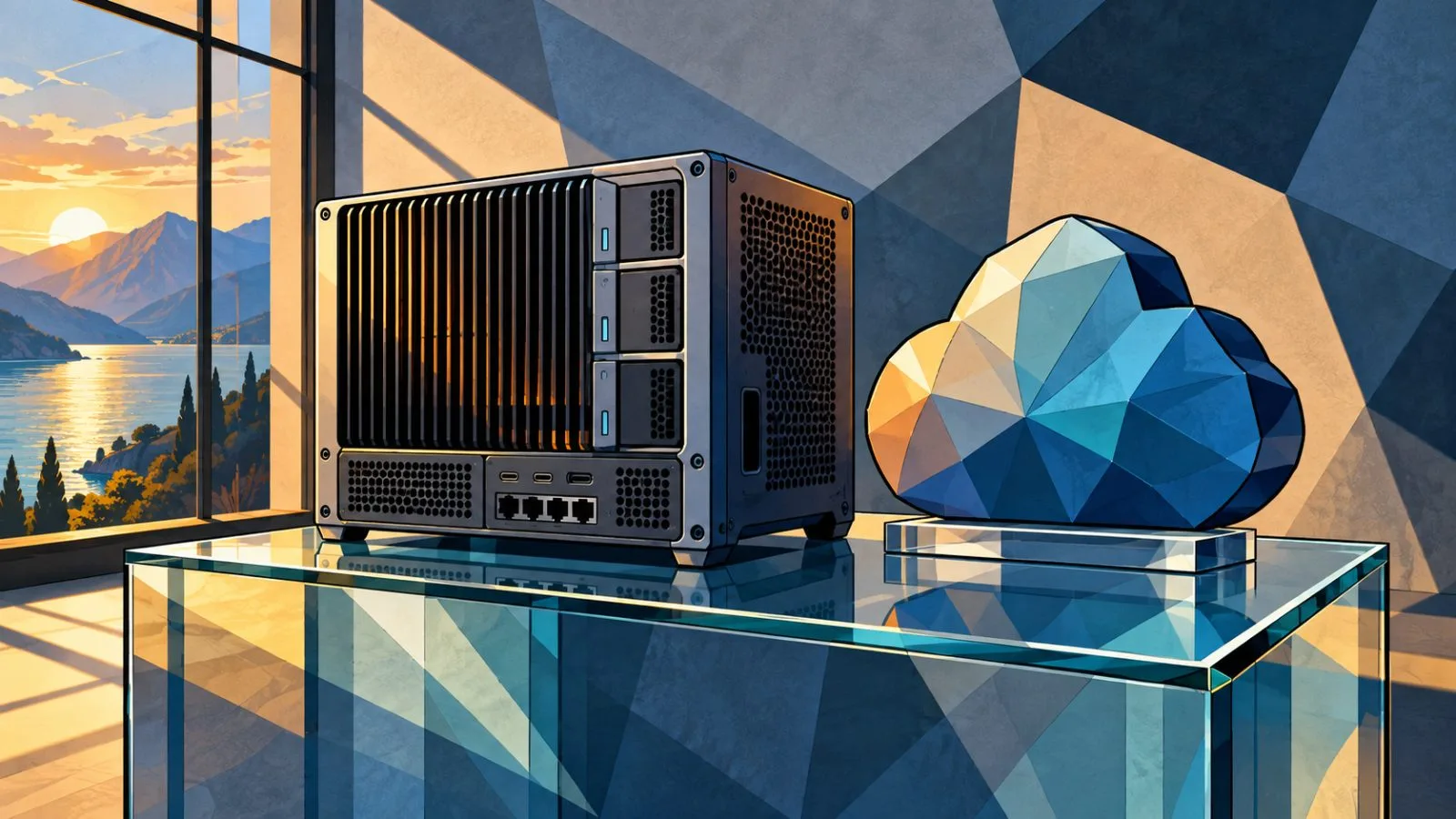 Compact compute chassis displayed beside a sculptural cloud form / TokenPost.ai