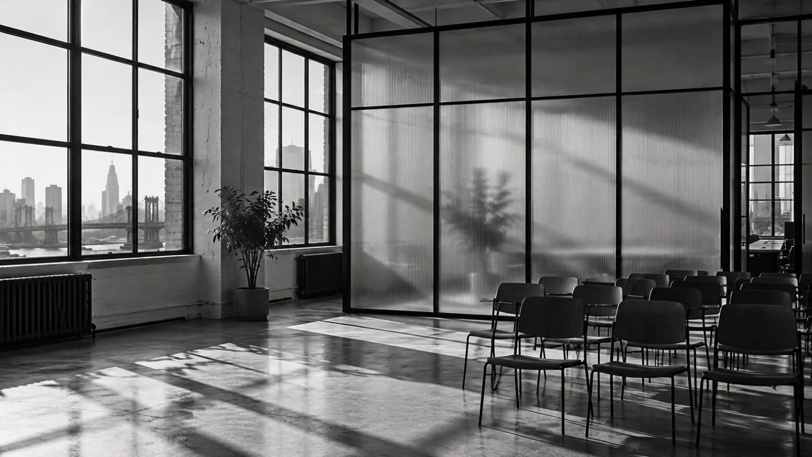A translucent partition stands beside empty chairs in a New York room / TokenPost.ai