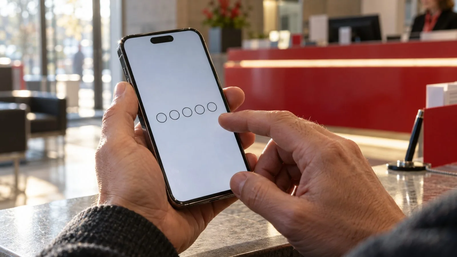 A customer holds a smartphone beside a red bank counter. / TokenPost.ai