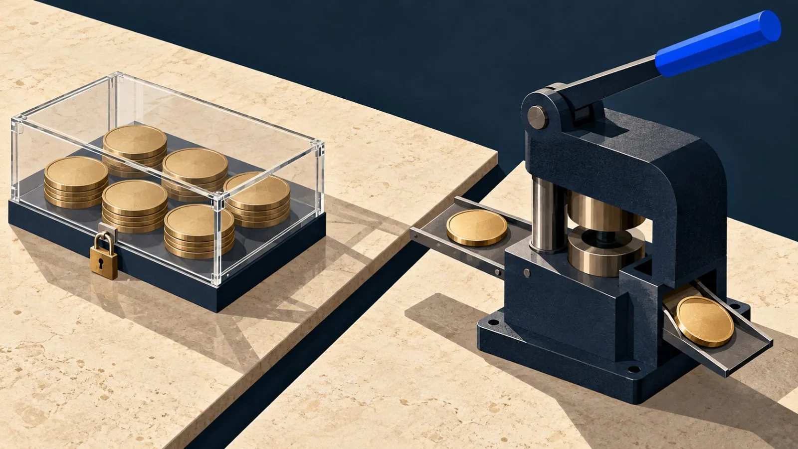 Metal tokens rest inside a clear case beside a small minting press / TokenPost.ai