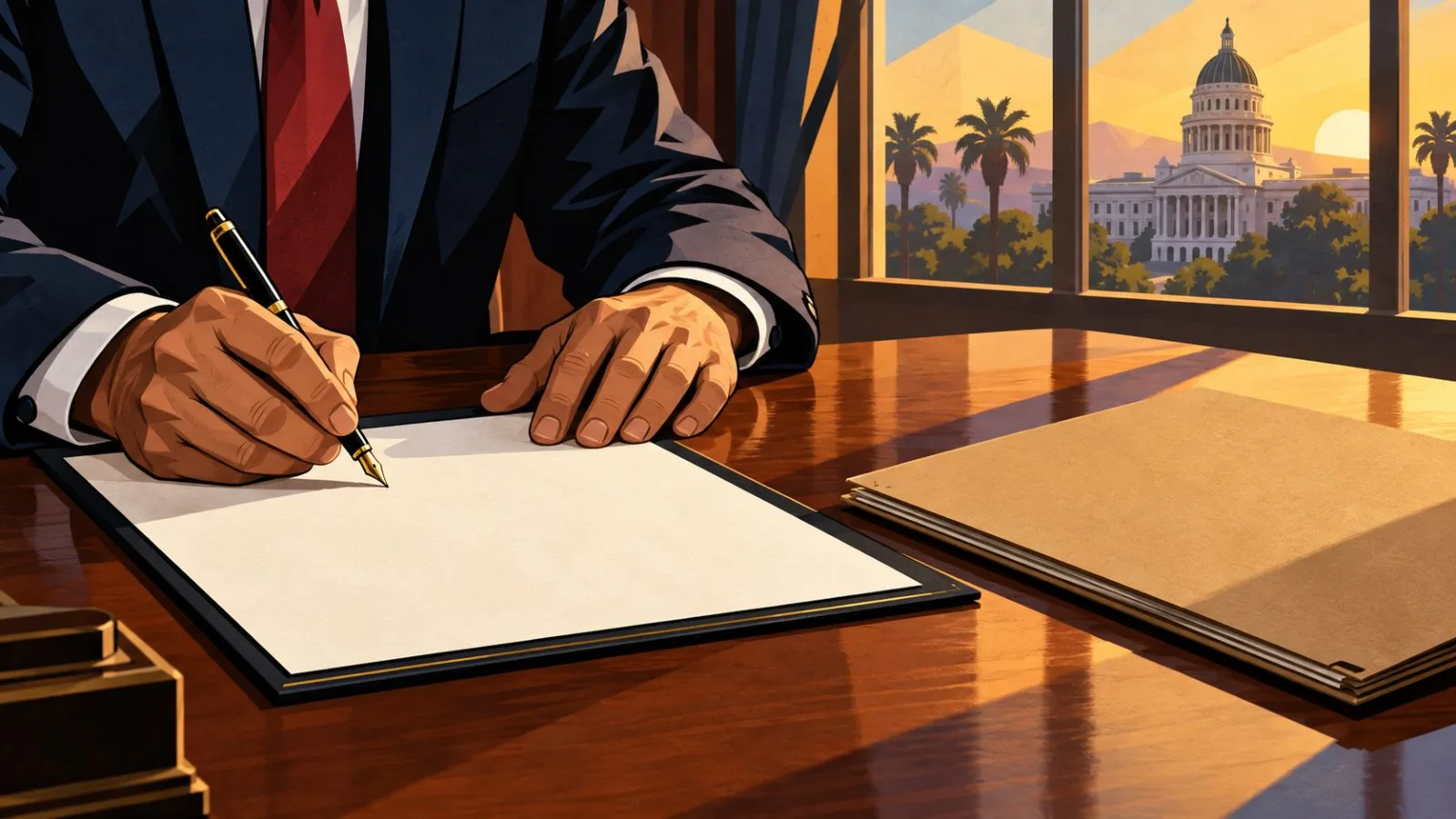 Anonymous hands sign legislation beside a California government folder / TokenPost.ai