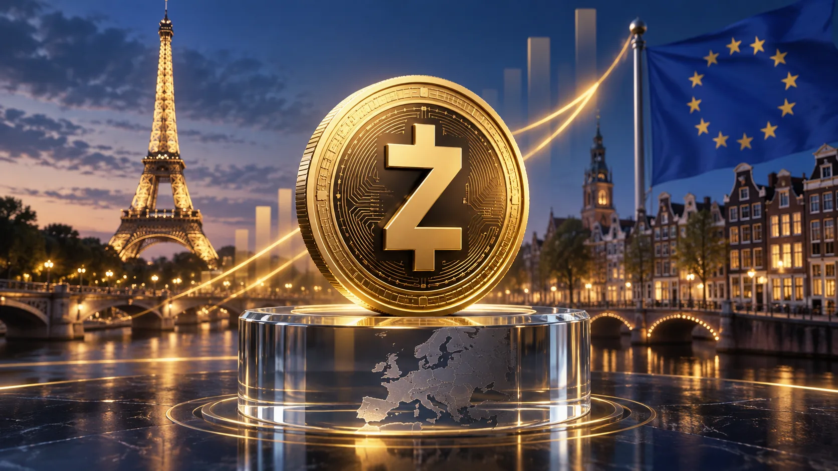 Conceptual illustration of Zcash and European exchange-traded investment products. AI-generated image by TokenPost.