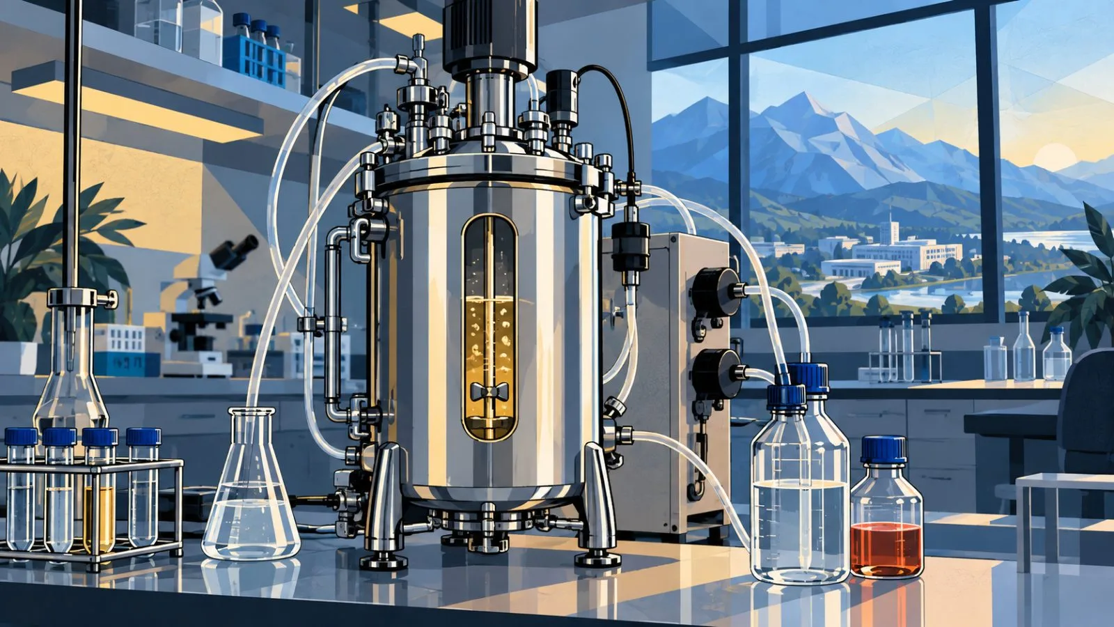 A stainless-steel fermenter stands beneath bright laboratory lights / TokenPost.ai