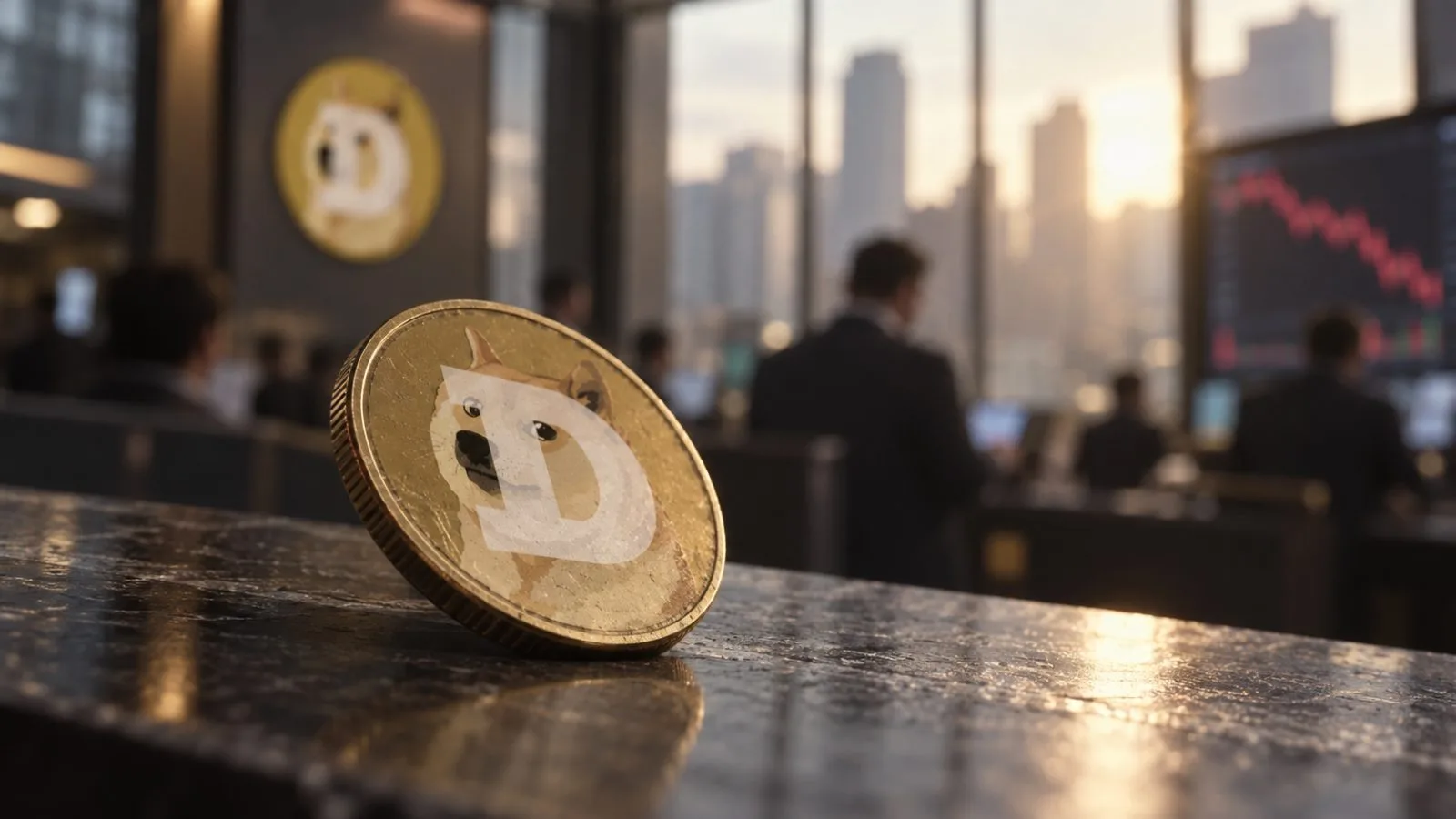 Brass dog-themed coin resting on a dark exchange counter / TokenPost.ai