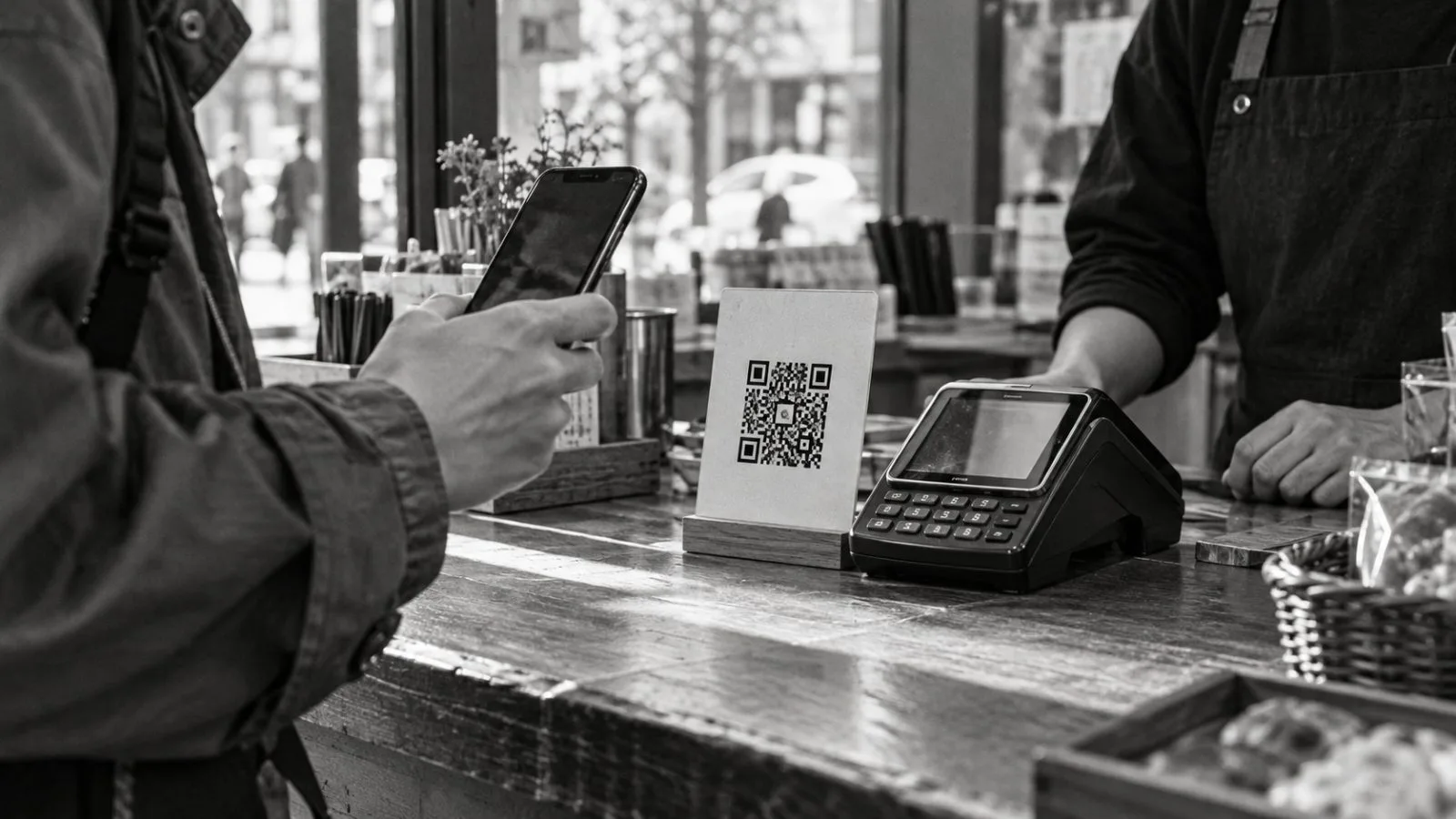 A phone scans a QR code beside a merchant’s payment terminal / TokenPost.ai