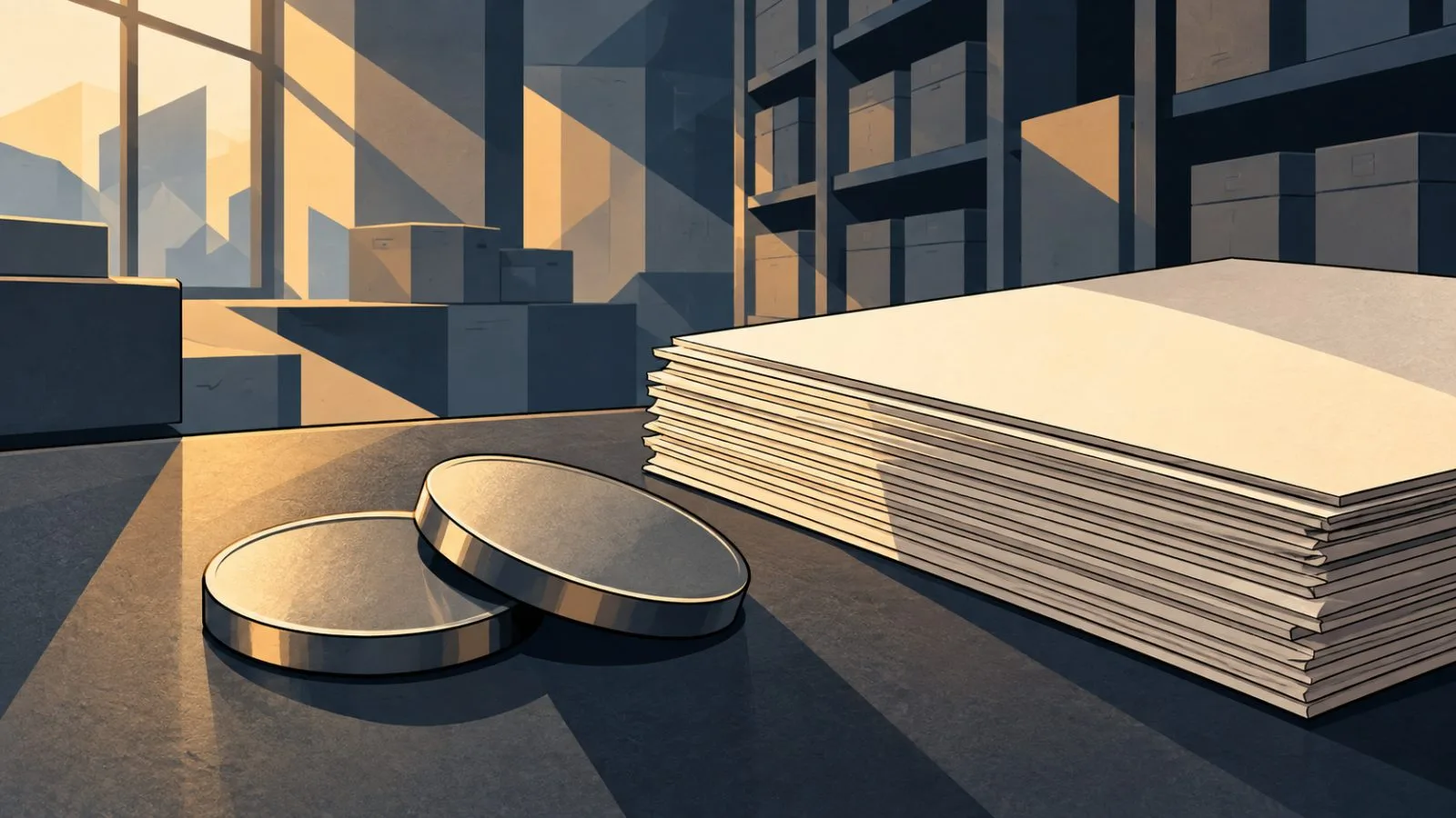 Unmarked metal tokens beside neatly stacked Treasury papers / TokenPost.ai