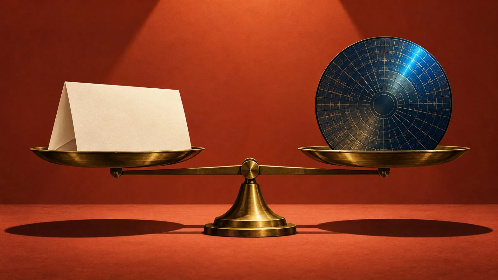 A folded letter and silicon wafer sit on a brass balance / TokenPost.ai