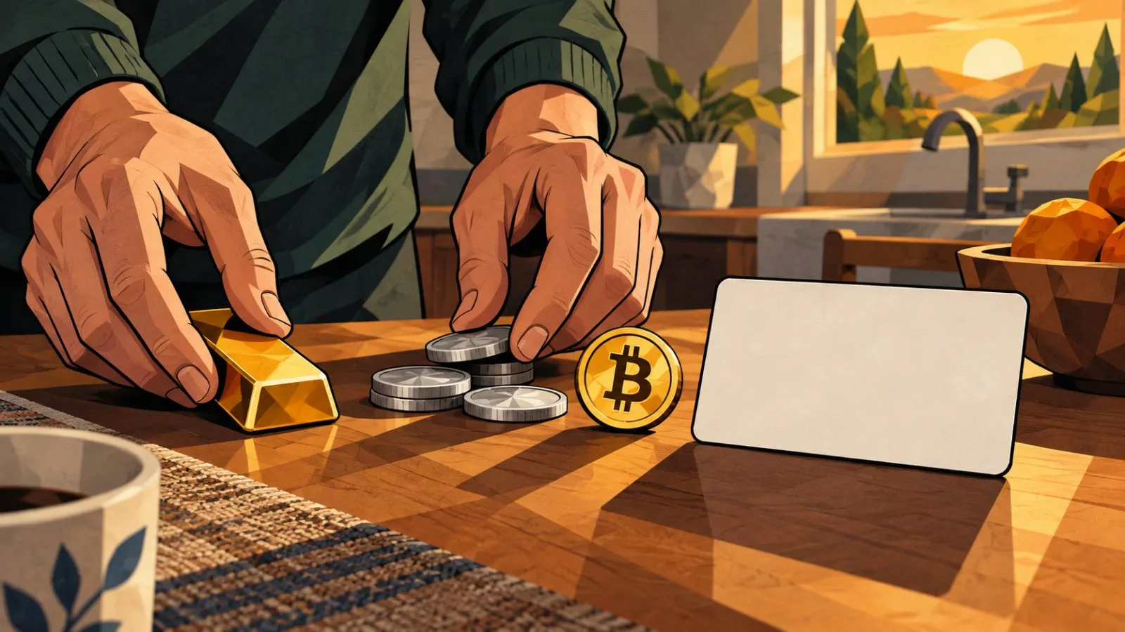 Gold bar, silver coins and a Bitcoin token beside an insurance card / TokenPost.ai