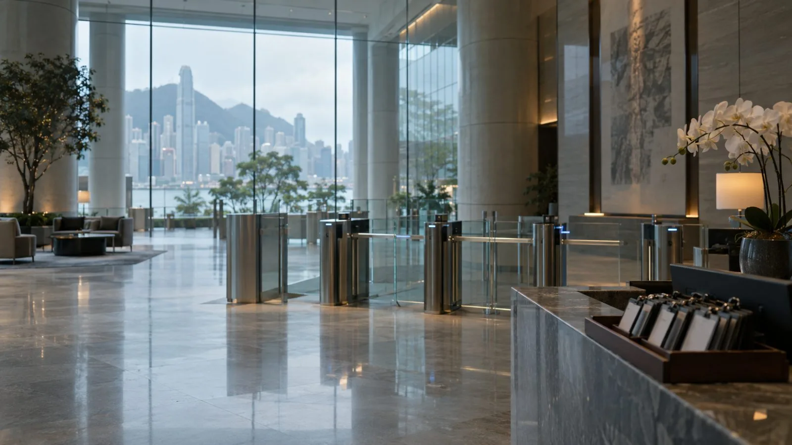 Glass security gates frame an empty technology campus lobby / TokenPost.ai