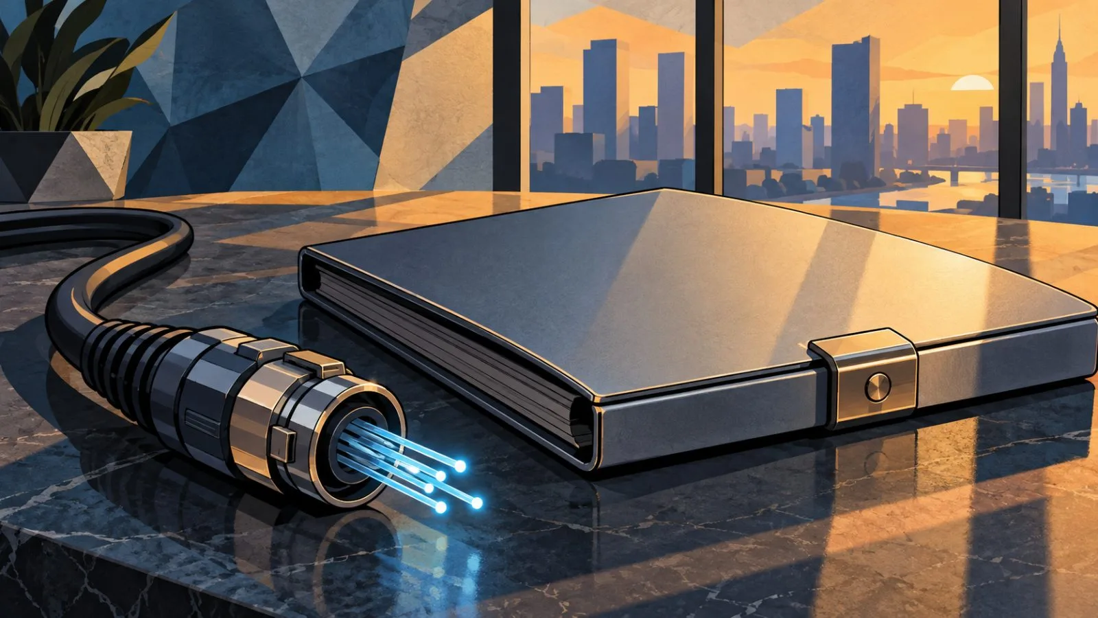 Fiber-optic connector beside a sealed metal document folder / TokenPost.ai