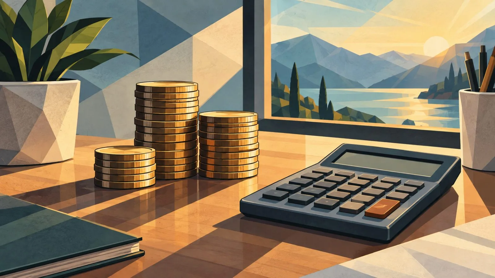 Stacked coins beside a calculator in morning window light / TokenPost.ai