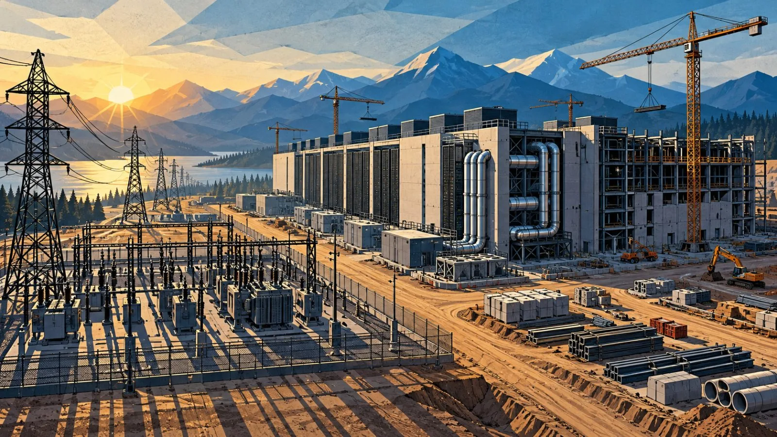 AI data center construction beside high-voltage power infrastructure / TokenPost.ai