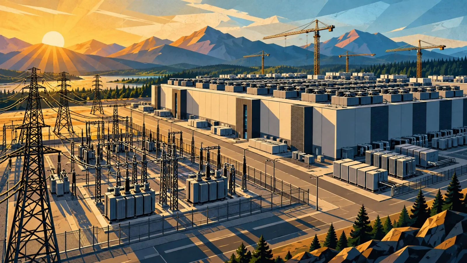 Data center construction beside high-voltage power infrastructure / TokenPost.ai