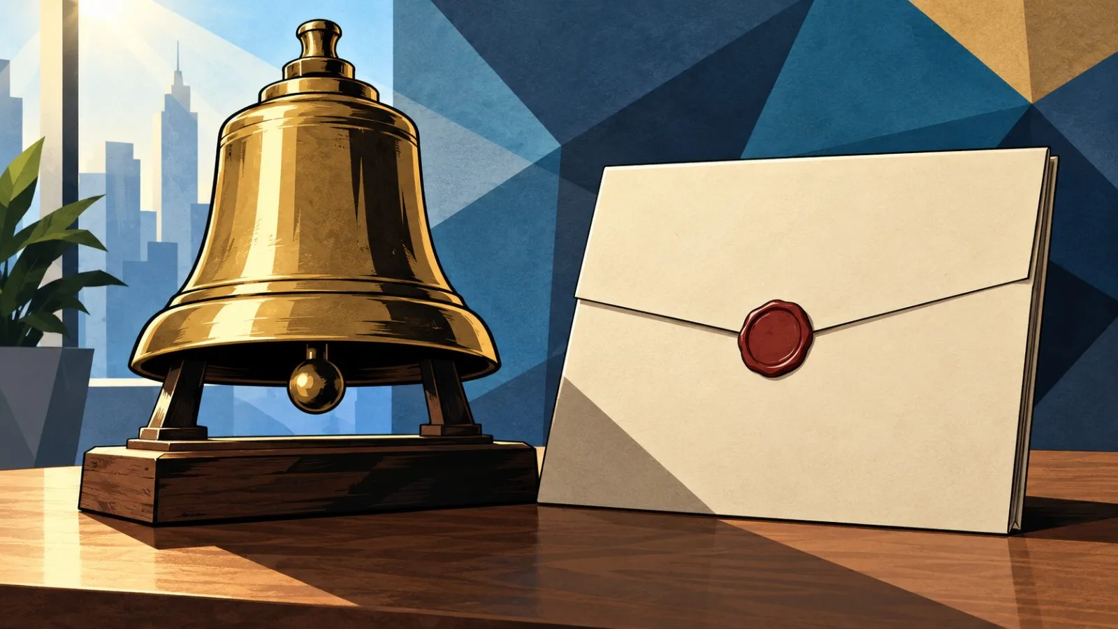 Brass exchange bell beside a sealed stock certificate folder / TokenPost.ai
