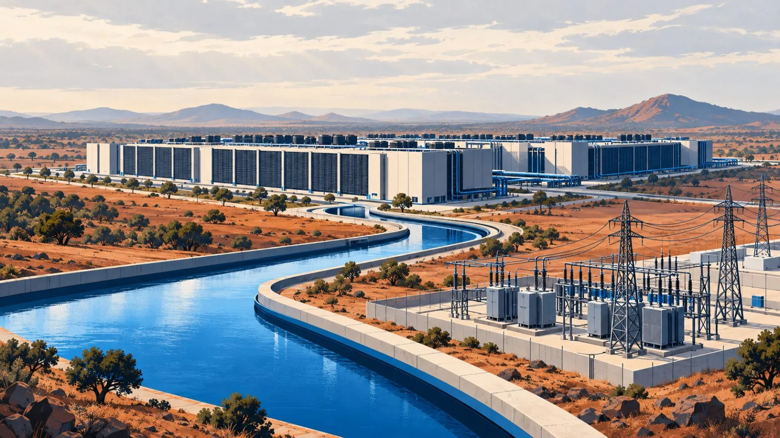 A water channel and electrical substation border a data-center campus / TokenPost.ai
