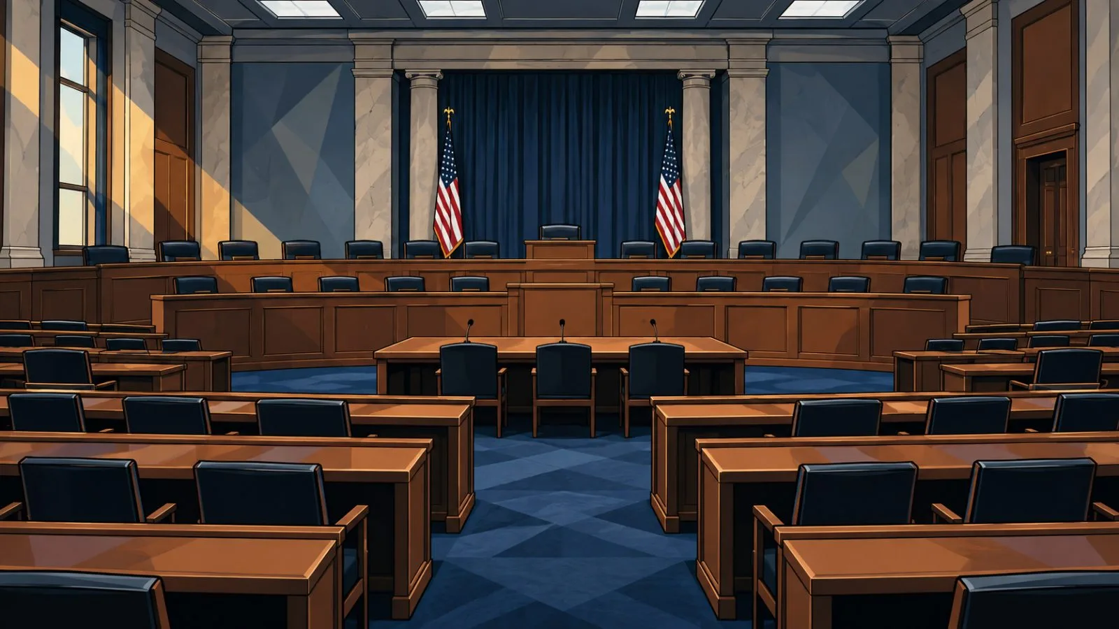 Empty congressional hearing room under overhead fluorescent light / TokenPost.ai