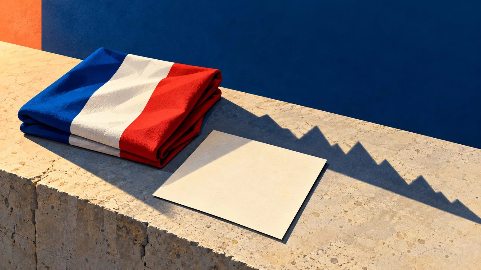 A folded French tricolor rests beside a blank bond sheet / TokenPost.ai