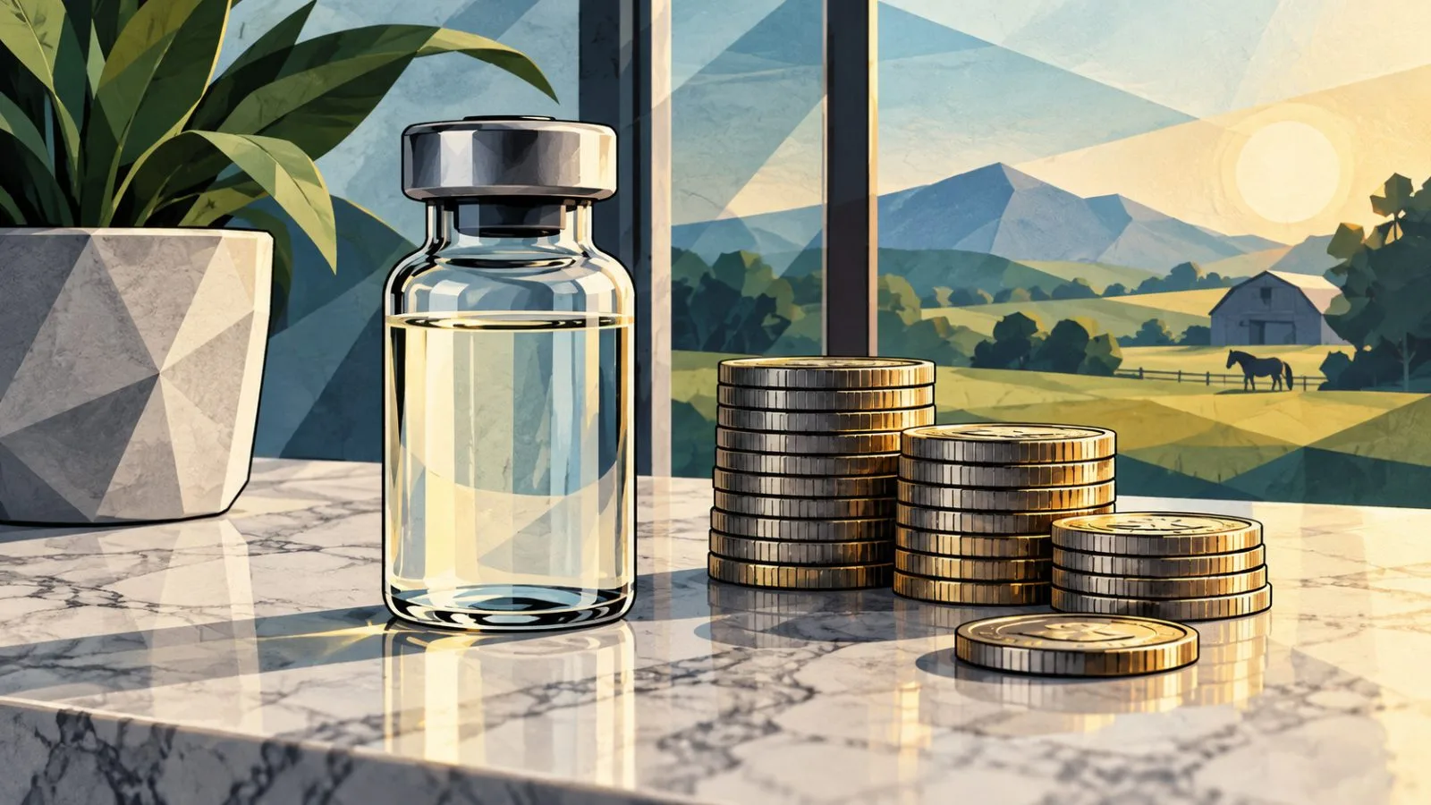 Unmarked medicine vial beside neatly stacked metal coins / TokenPost.ai