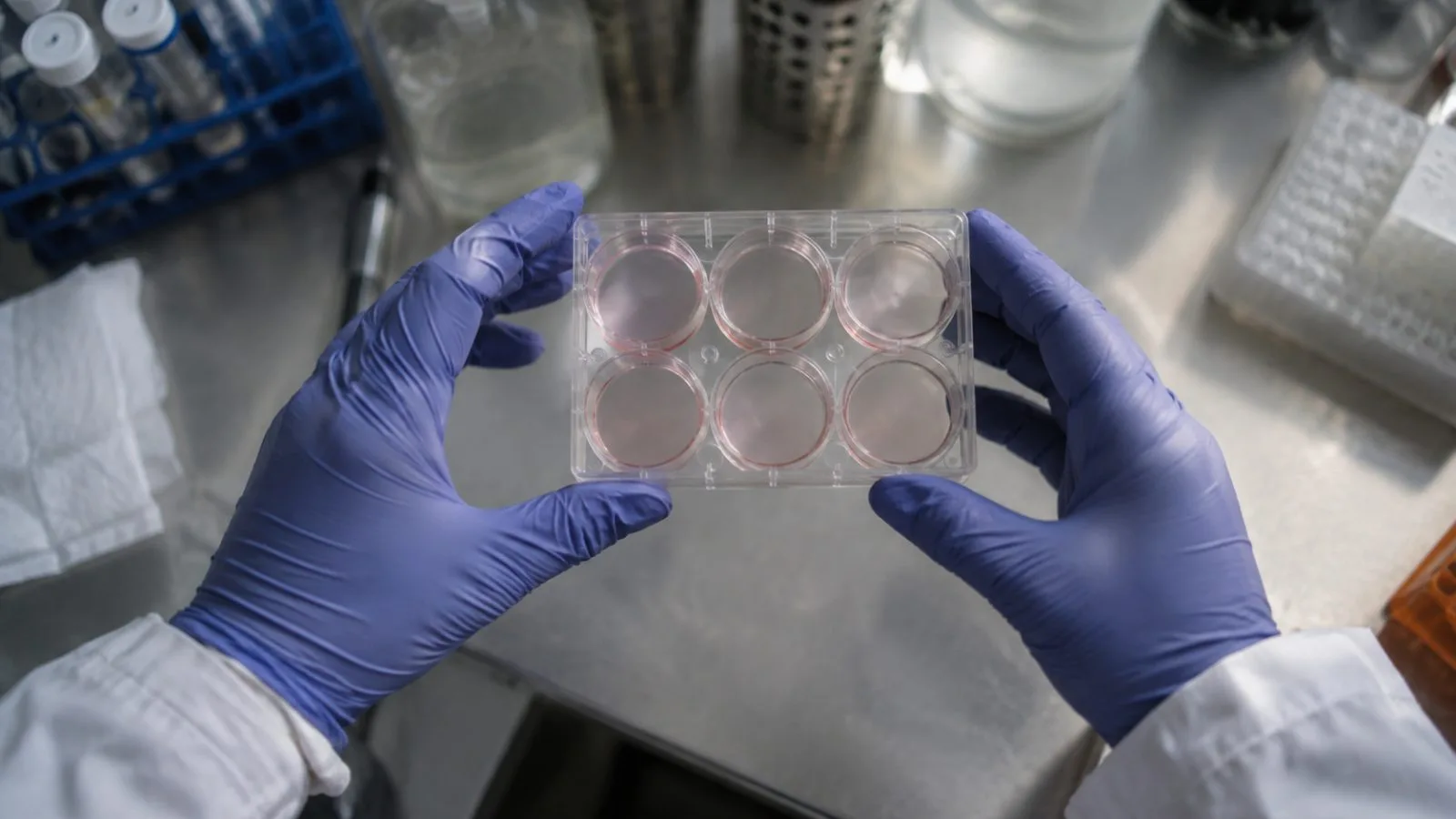 Gloved hands examine a cell culture plate in a biotechnology laboratory / TokenPost.ai