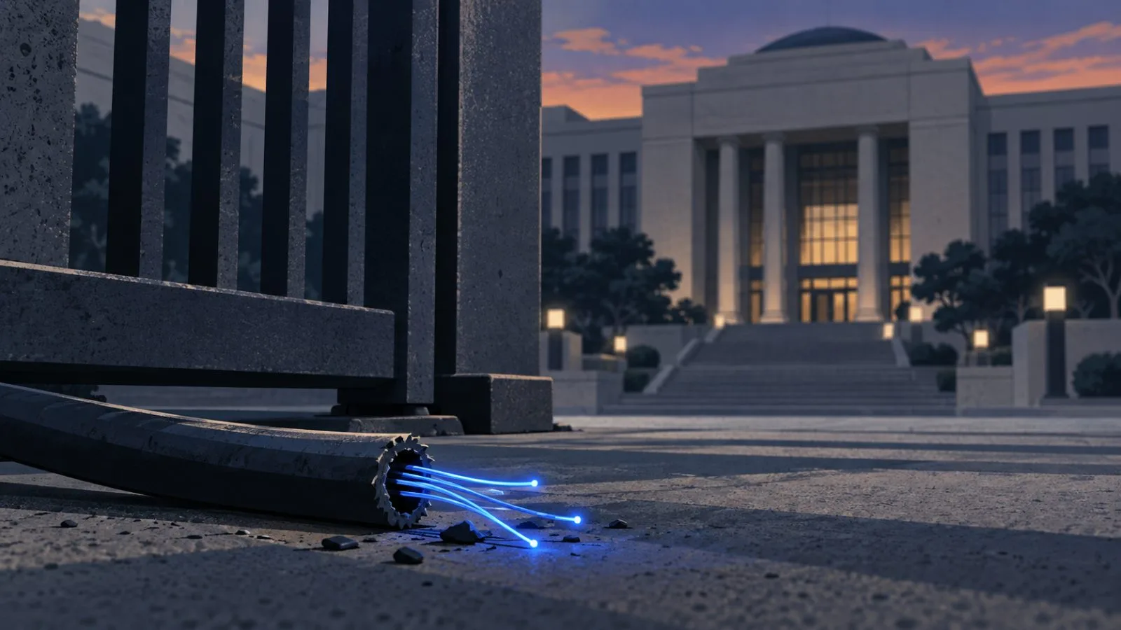 A severed cable rests beside a courthouse gate at dusk / TokenPost.ai