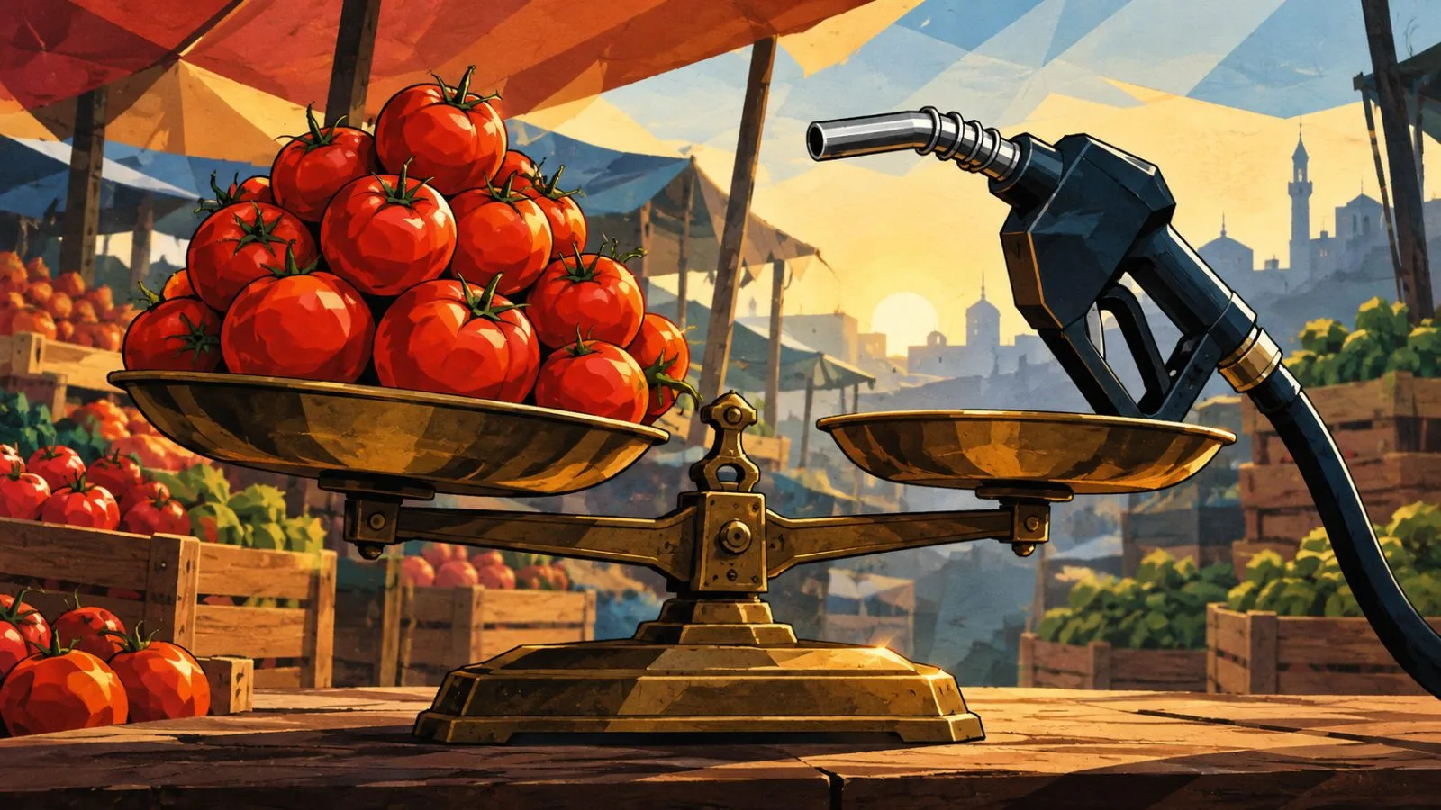 Brass market scale beside a fuel pump nozzle / TokenPost.ai