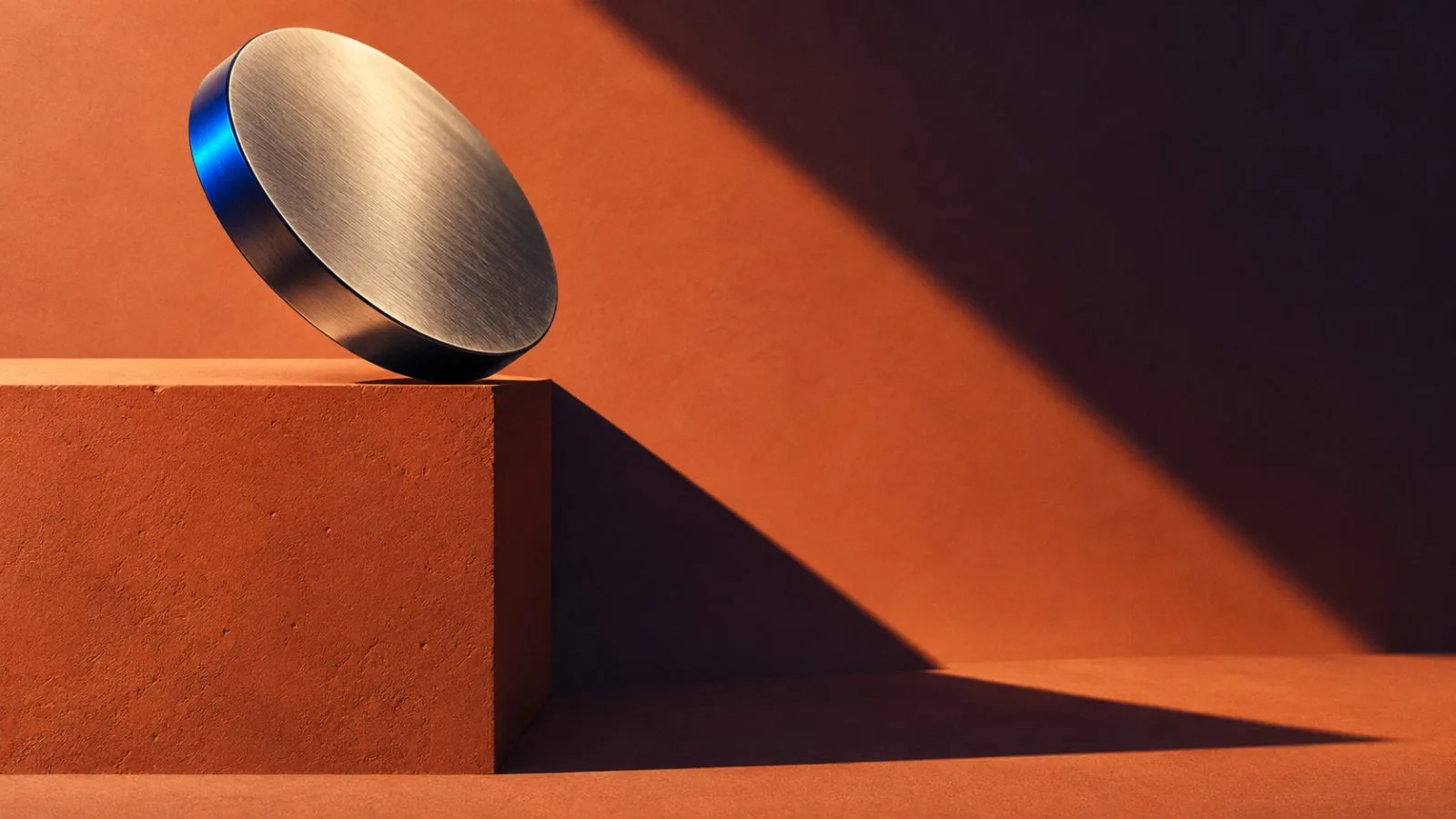 A metal token tilts downward on a terracotta plinth / TokenPost.ai