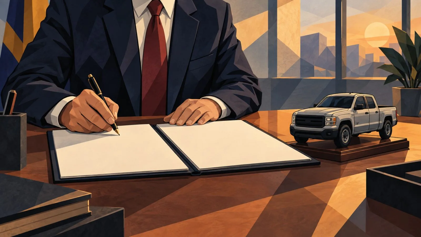 Official hands signing documents beside a pickup truck model / TokenPost.ai