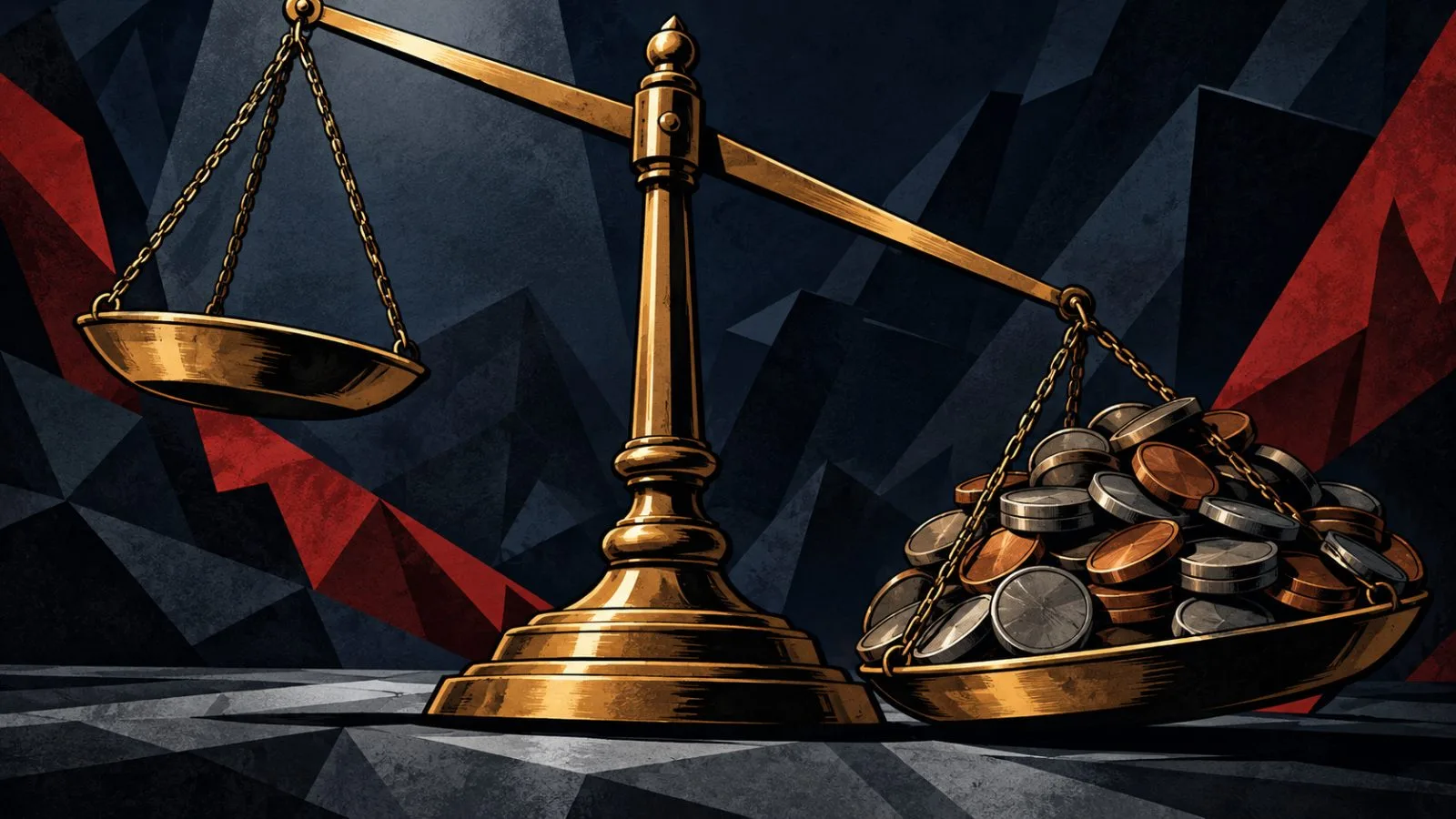 Brass balance scale tipping beneath a pile of metal tokens / TokenPost.ai