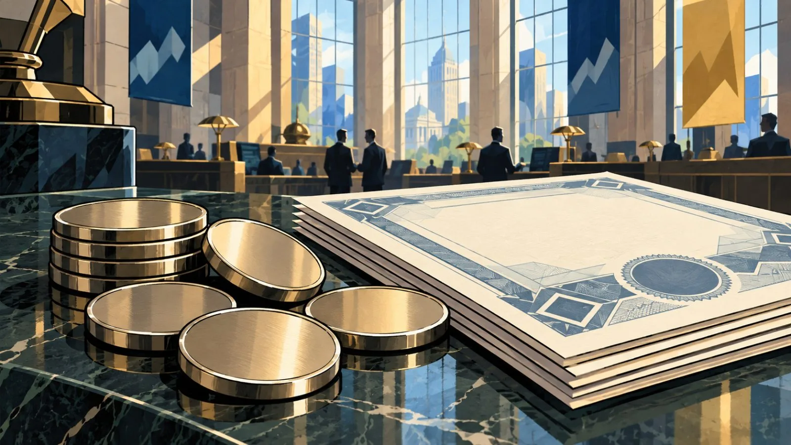 Unmarked metal discs beside a stack of paper certificates / TokenPost.ai