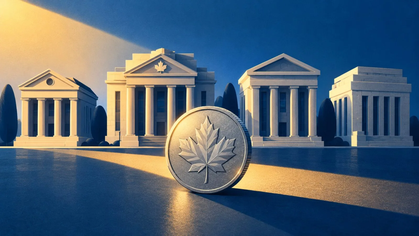 A silver coin rests before a row of miniature bank facades / TokenPost.ai