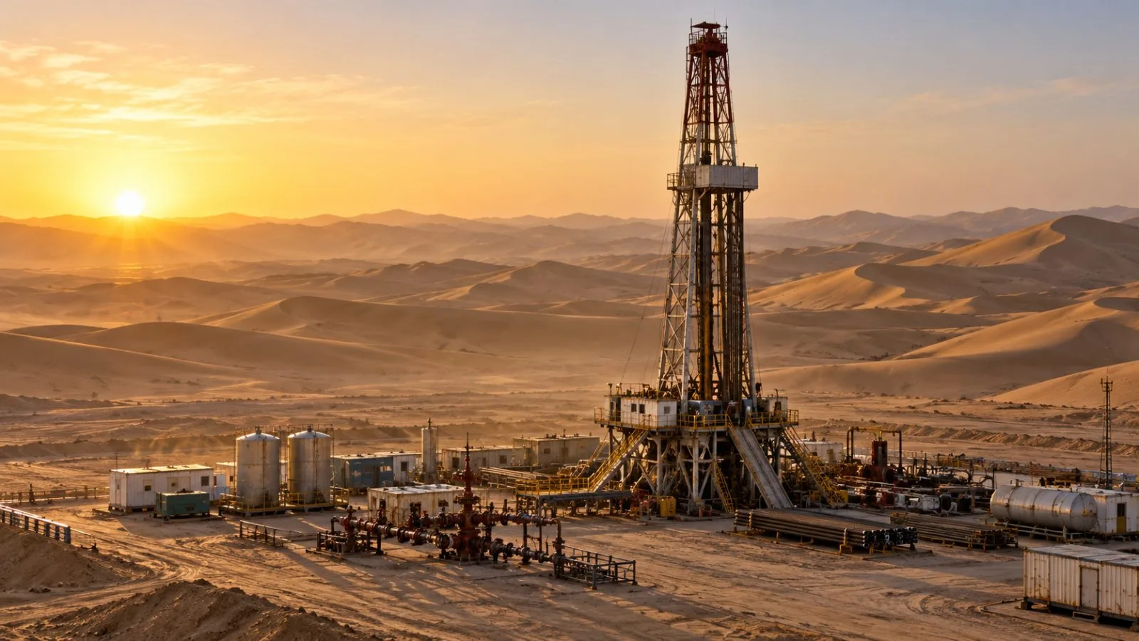 Drilling equipment stands above desert dunes in early morning light / TokenPost.ai