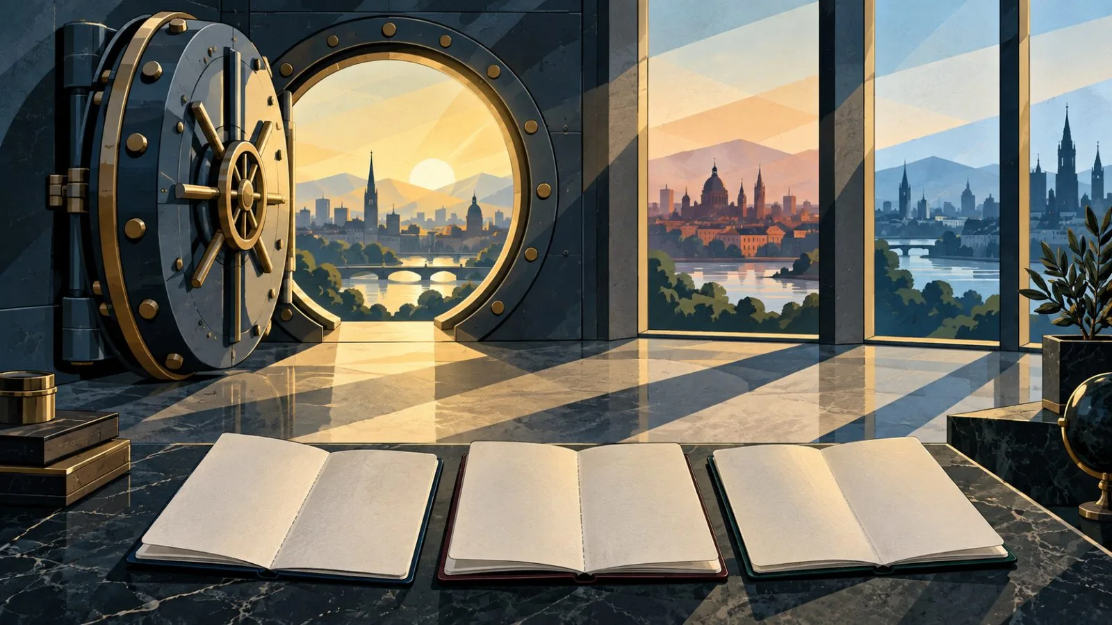 Vault door opens toward three European city skylines / TokenPost.ai