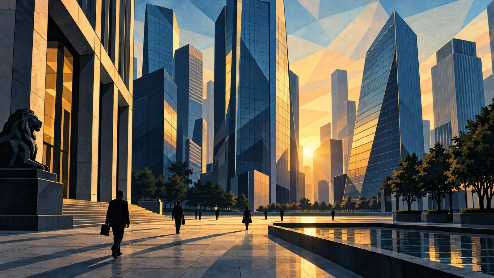 Quiet bank towers reflect early morning light over an empty plaza / TokenPost.ai